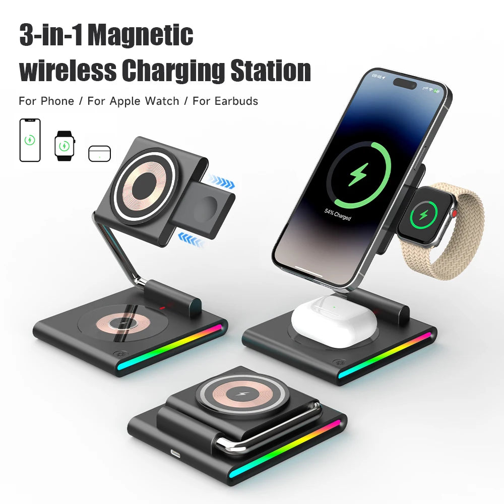 Foldable RGB Wireless Charger for iPhone 15 14 13 12 Pro LED Dock Station for Apple Watch S9 Ultra 2 AirPods Pro IWatch Holder SIKAI CASE