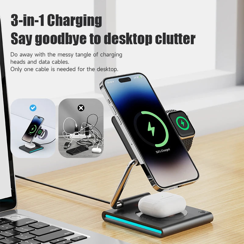 Foldable RGB Wireless Charger for iPhone 15 14 13 12 Pro LED Dock Station for Apple Watch S9 Ultra 2 AirPods Pro IWatch Holder SIKAI CASE