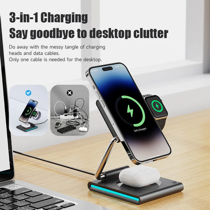 Foldable RGB Wireless Charger for iPhone 15 14 13 12 Pro LED Dock Station for Apple Watch S9 Ultra 2 AirPods Pro IWatch Holder SIKAI CASE