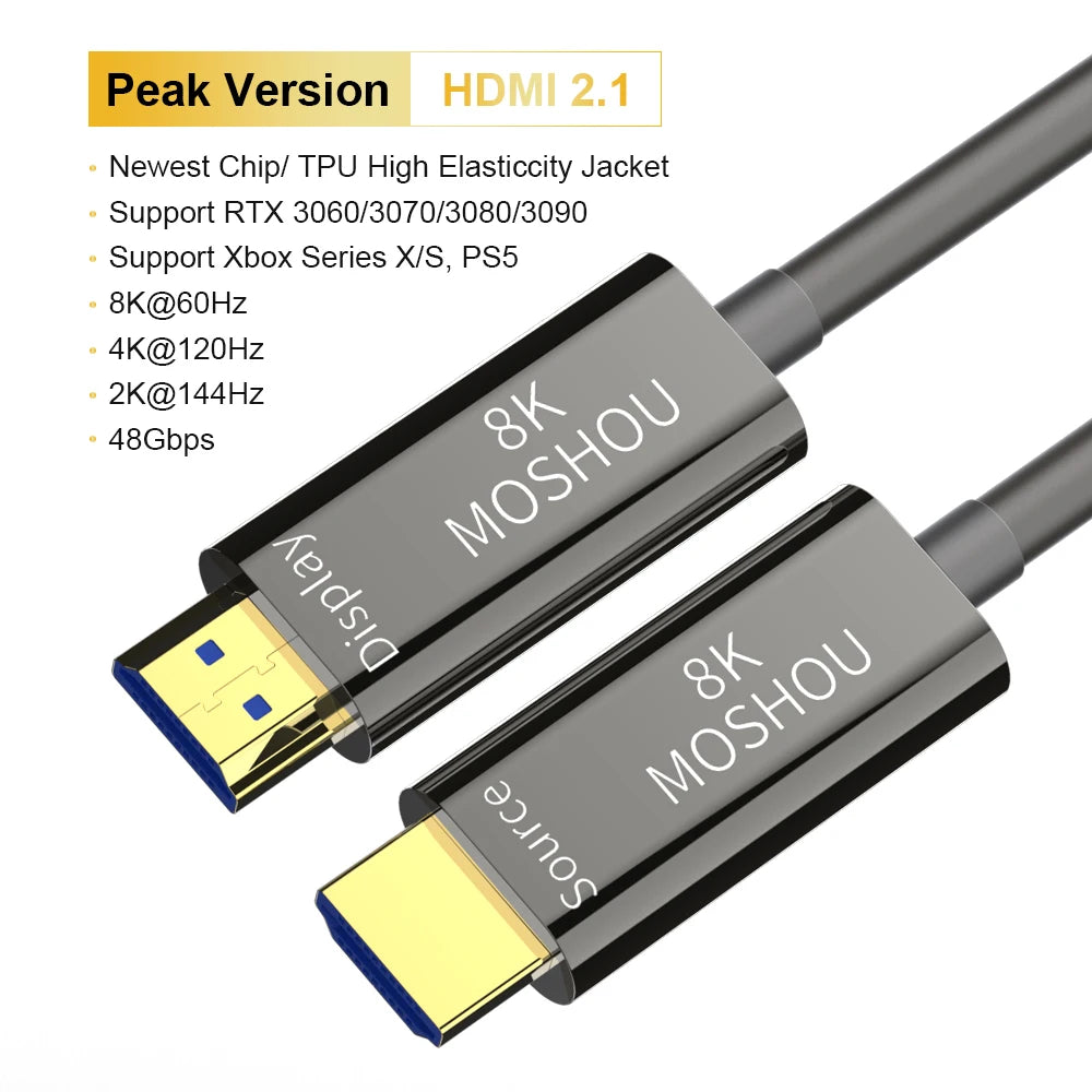 MOSHOU 8K HDMI Fiber Optic Cable 48Gbps Ultra High Speed HDMI 2.1 Cable CL3 Rated 8K60Hz 4K120Hz HDCP 2.2 & 2.3 eARC for PS5 SIKAI CASE