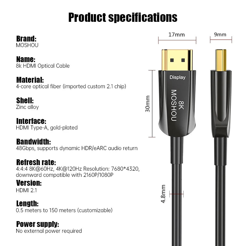 MOSHOU 8K HDMI Fiber Optic Cable 48Gbps Ultra High Speed HDMI 2.1 Cable CL3 Rated 8K60Hz 4K120Hz HDCP 2.2 & 2.3 eARC for PS5 SIKAI CASE