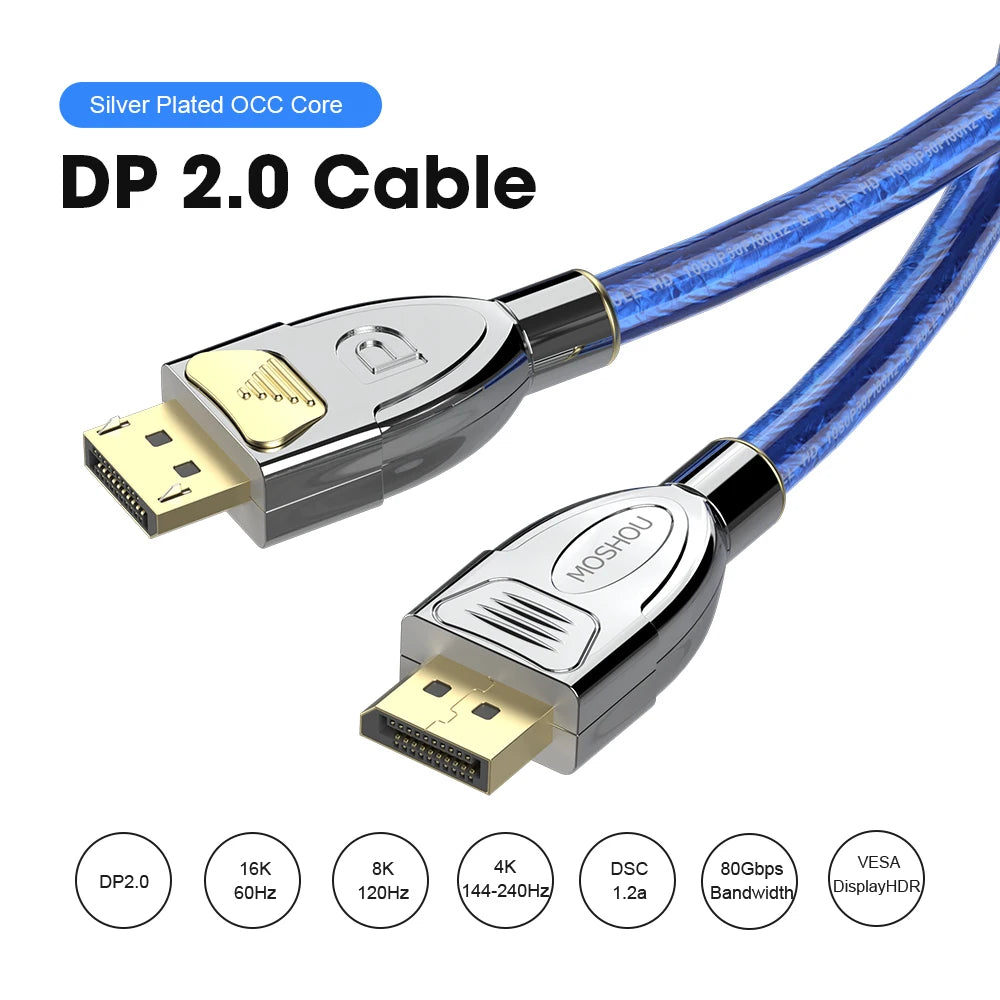 MOSHOU Displyport 2.0 DP 2.0 Cable 16K@60Hz 4K@144Hz High Speed 80Gbps Bandwidth Support HDR HDCP 2.2 3D ARC for Gaming Monitor SIKAI CASE