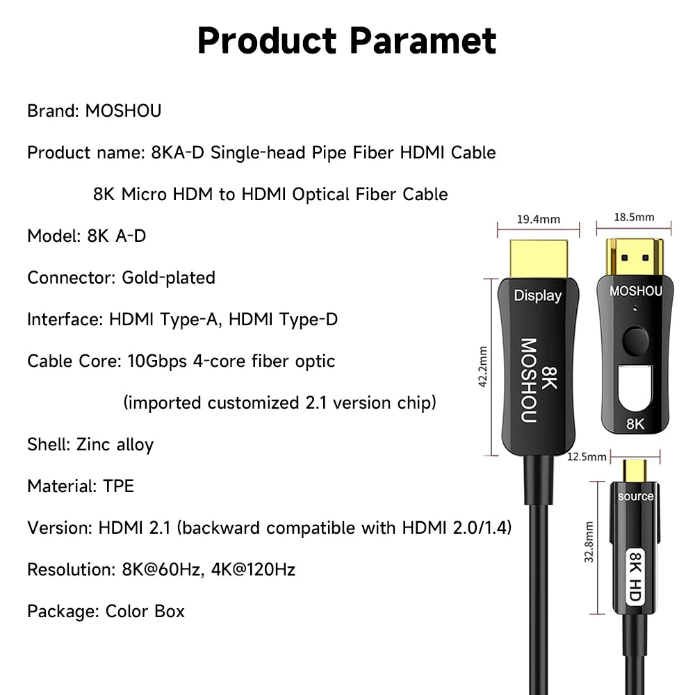 MOSHOU HDMI Fiber Optic Cable 8K 60Hz Long HDMI 2.1 Cable in Wall Dual Micro HDMI Standard HDMI Connectors for RTX4090/4080 SIKAI CASE