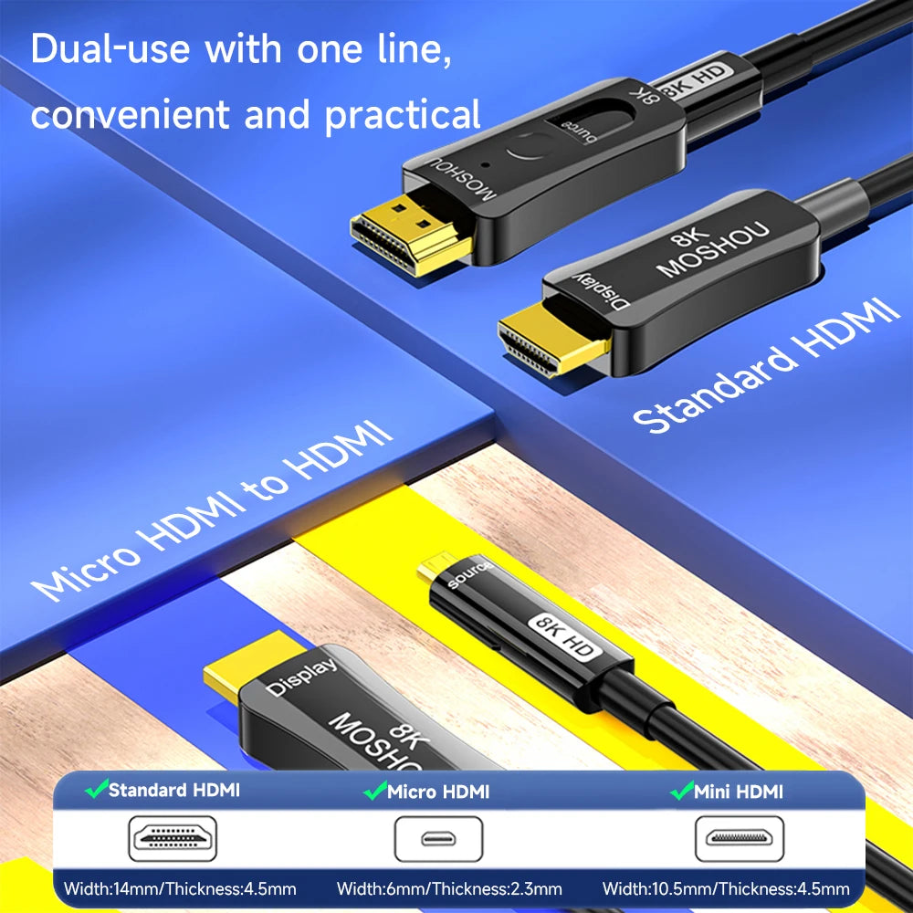 MOSHOU HDMI Fiber Optic Cable 8K 60Hz Long HDMI 2.1 Cable in Wall Dual Micro HDMI Standard HDMI Connectors for RTX4090/4080 SIKAI CASE