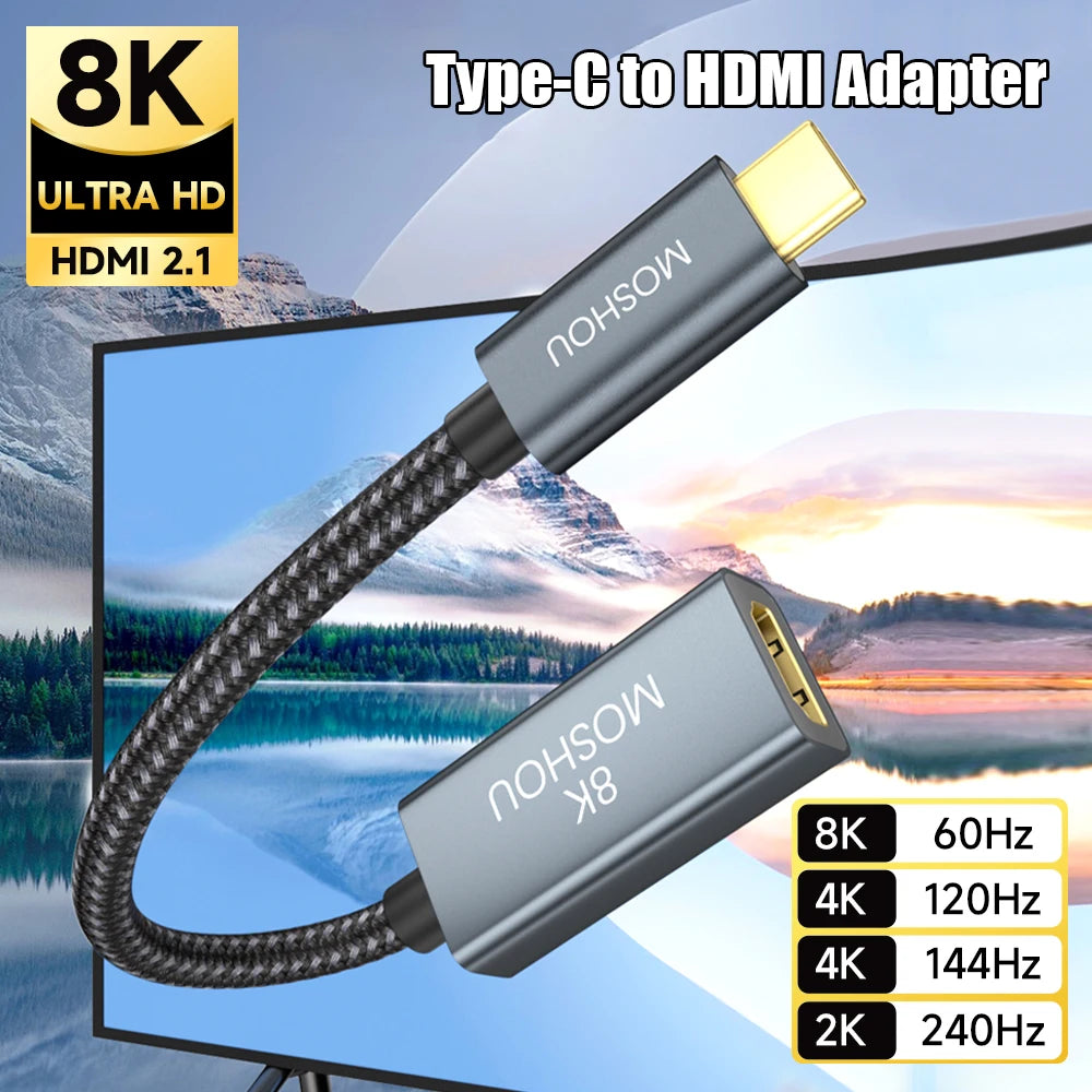 MOSHOU Type C to HDMI 2.1 Adapter Thunderbolt 3 USB C to HDMI Video Converter Male to Female 8K@60Hz 4K@120Hz 48Gbps Extender SIKAI CASE