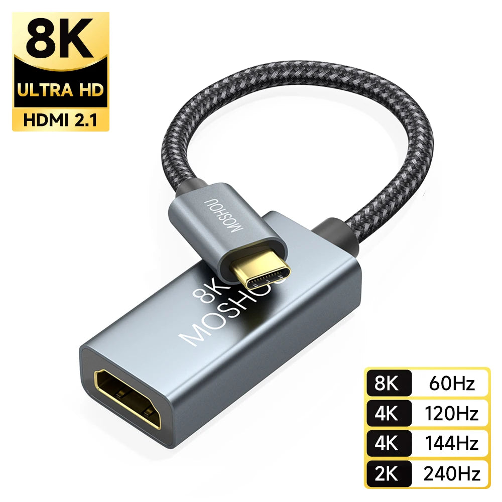 MOSHOU Type C to HDMI 2.1 Adapter Thunderbolt 3 USB C to HDMI Video Converter Male to Female 8K@60Hz 4K@120Hz 48Gbps Extender SIKAI CASE