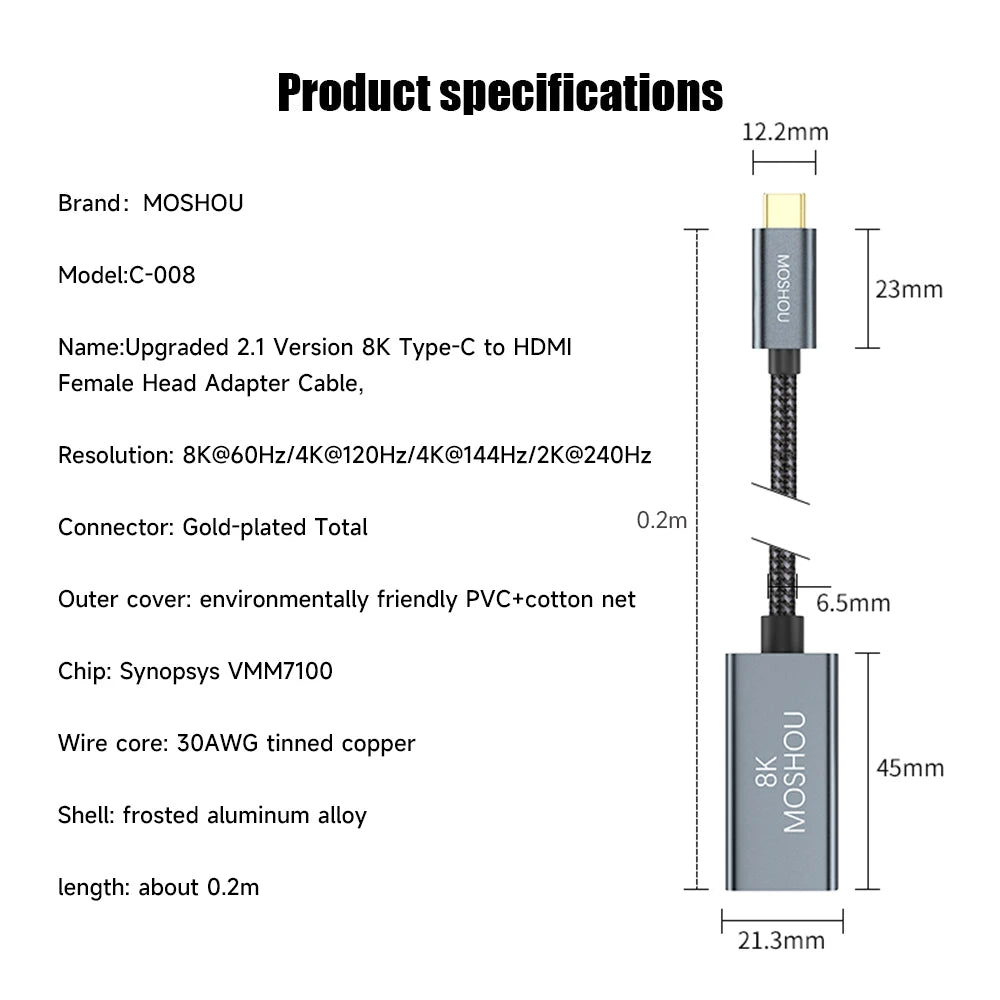 MOSHOU Type C to HDMI 2.1 Adapter Thunderbolt 3 USB C to HDMI Video Converter Male to Female 8K@60Hz 4K@120Hz 48Gbps Extender SIKAI CASE