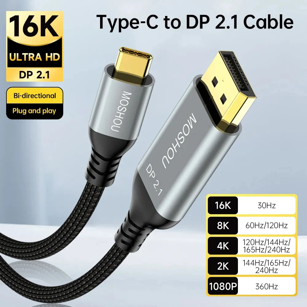 MOSHOU USB C to DisplayPort 2.1 Cable 16K@30Hz 8K@60Hz 40Gbps Thunderbolt 4/3 Type C to DP 2.1 Cable for MacBook Pro/Air SIKAI CASE
