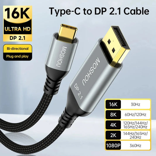 MOSHOU USB C to DisplayPort 2.1 Cable 16K@30Hz 8K@60Hz 40Gbps Thunderbolt 4/3 Type C to DP 2.1 Cable for MacBook Pro/Air SIKAI CASE