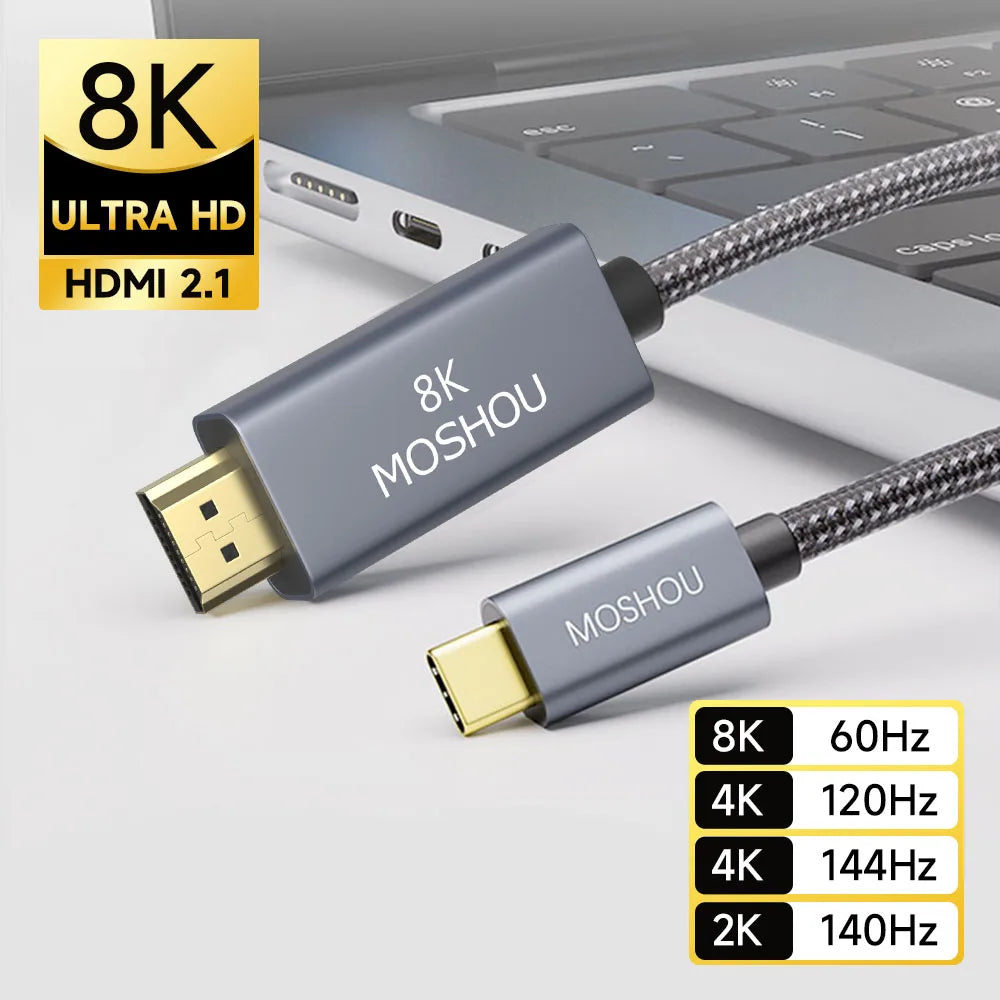 MOSHOU USB C to HDMI 2.1 Cable 8K@60Hz 4K@144Hz Type C to HDMI 8K Braided Cord HDCP2.3 HDR DSC for MacBook Pro Samsung HP Dell SIKAI CASE