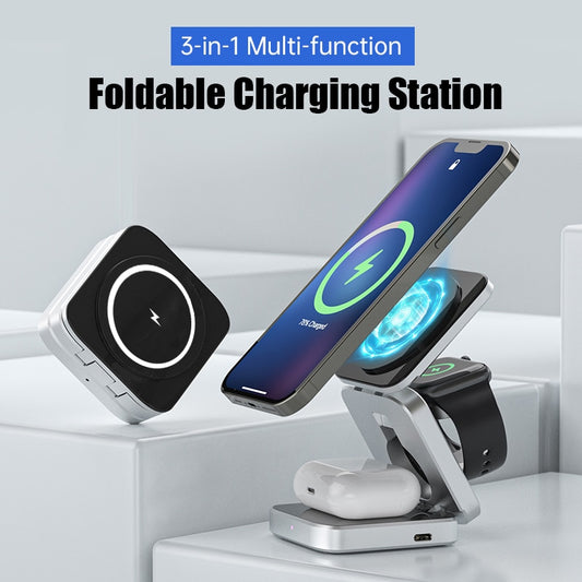 Folding Charging Stand for iphone Magnetic Charger, Foldable Wireless Charging Station for Apple 14/13/12/11 Series, Multi Charger Stand for Apple, airpods Charging Stand