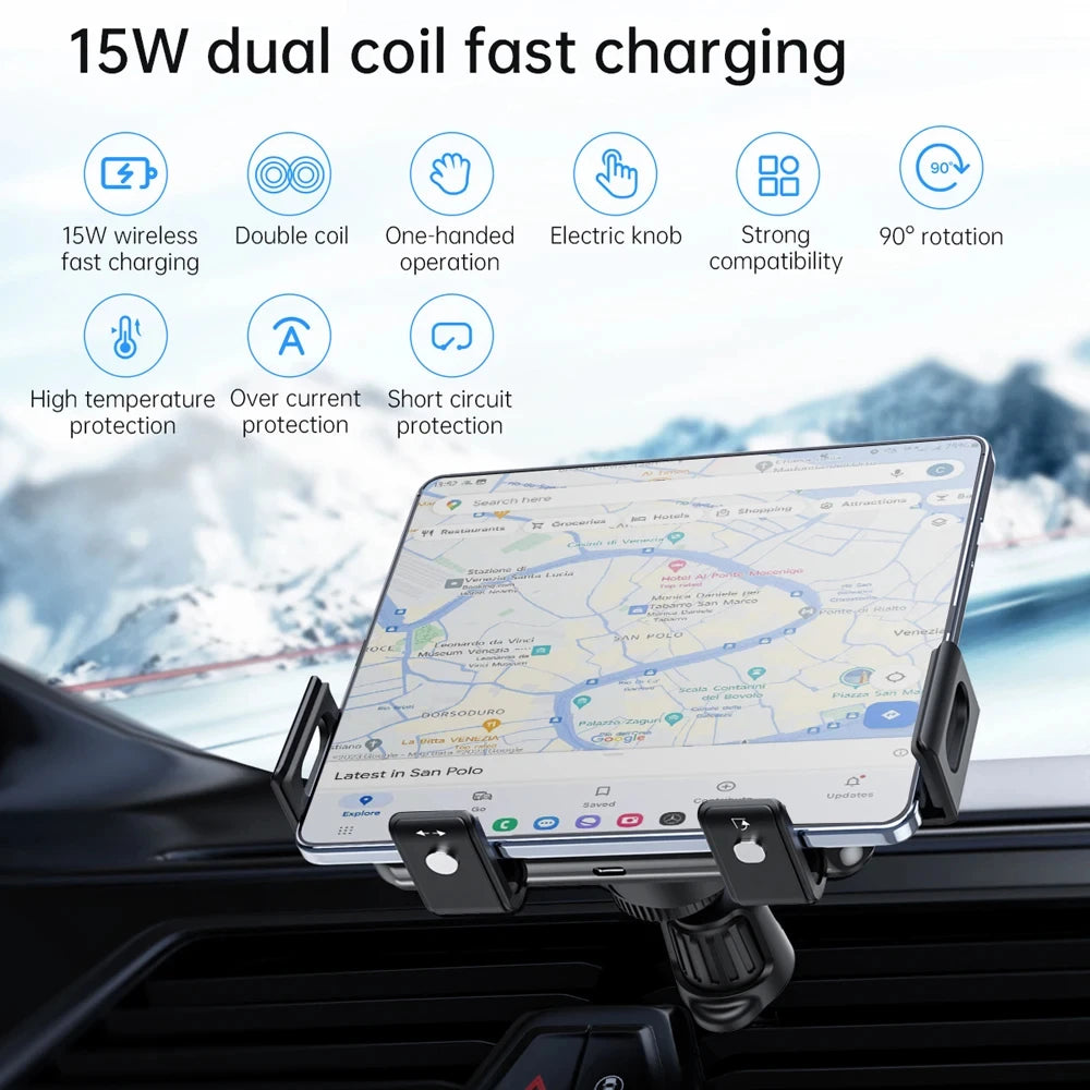15W Qi Wireless Car Charger Mount Holder for Samsung Galaxy Z Fold5 S23 Ultra Phone Auto Clamp Fast Charger for iPhone 15 Pro