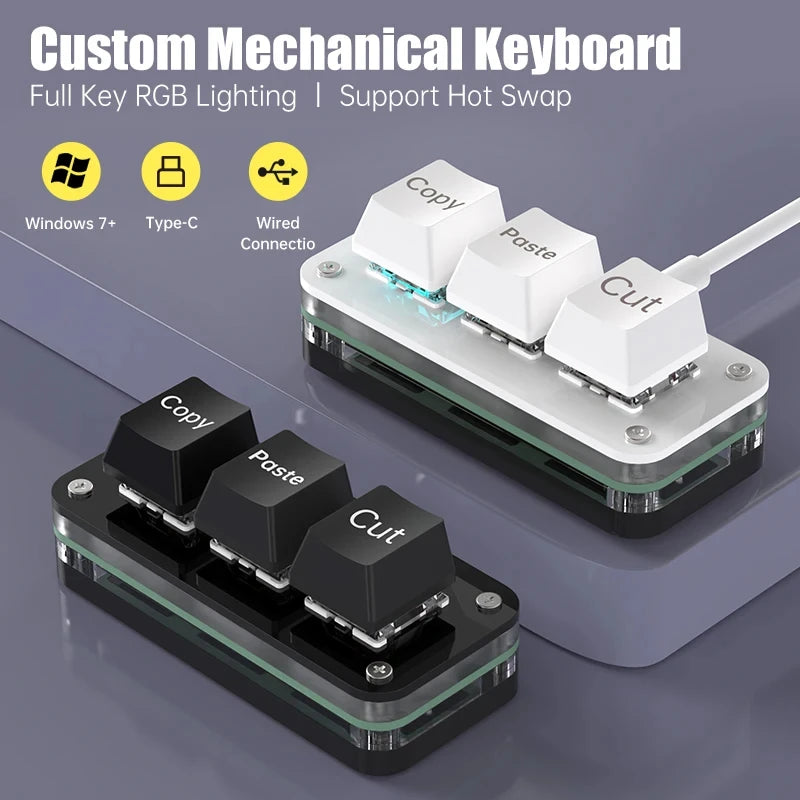 RGB 3-Key Macro Mini Keyboard for Photoshop/Gaming, Hotswap Keypad, Copy Paste Macropad