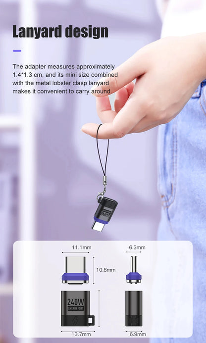 PD 240W Type-C Magnetic Adapter PD3.0 Fast Charging Right Angle USB C Connector Extender for iPhone 16 Macbookair Samsung