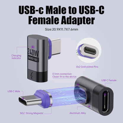 PD 240W Type-C Magnetic Adapter PD3.0 Fast Charging Right Angle USB C Connector Extender for iPhone 16 Macbookair Samsung