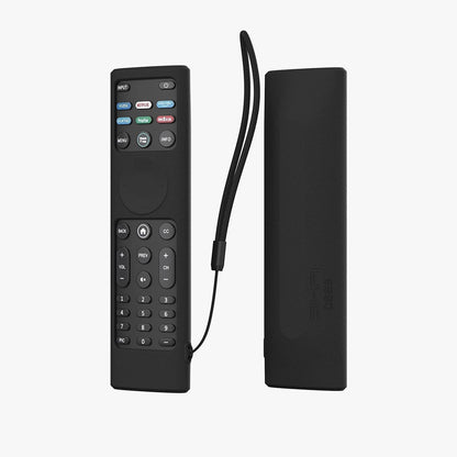 Black silicone cover for VIZIO XRT140 remote with wrist lanyard, front and back