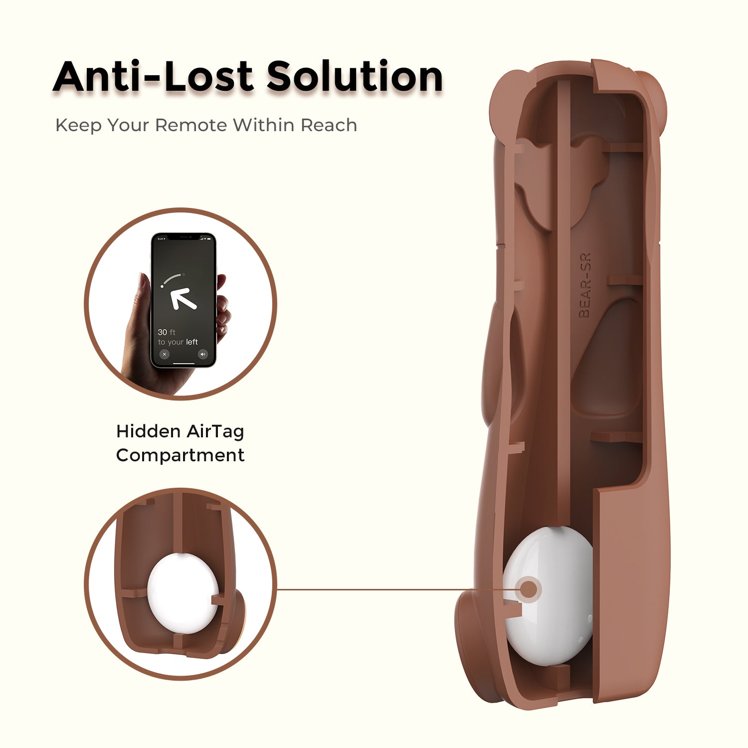 Hidden AirTag compartment inside bear Apple TV Siri Remote case