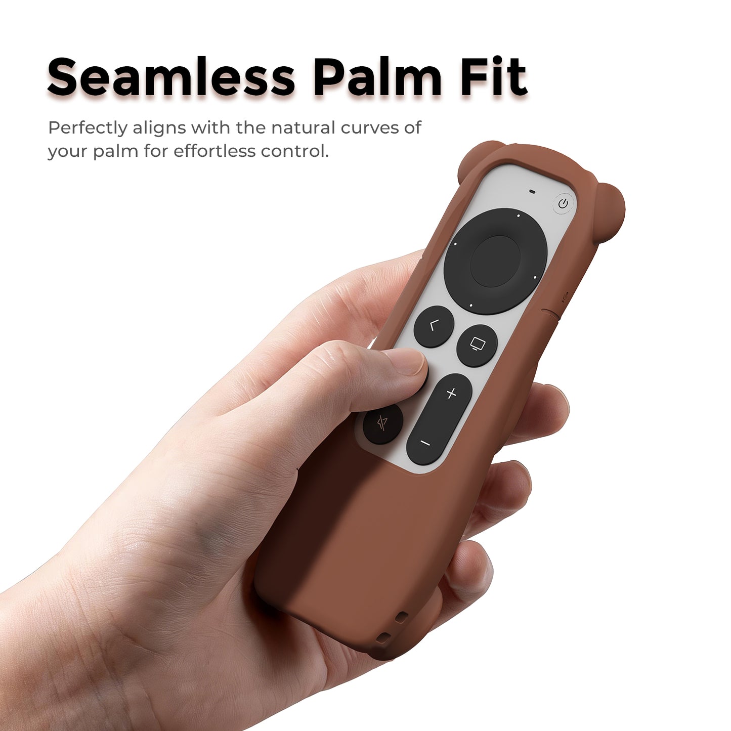 Bear-shaped Apple TV remote cover held comfortably in one hand