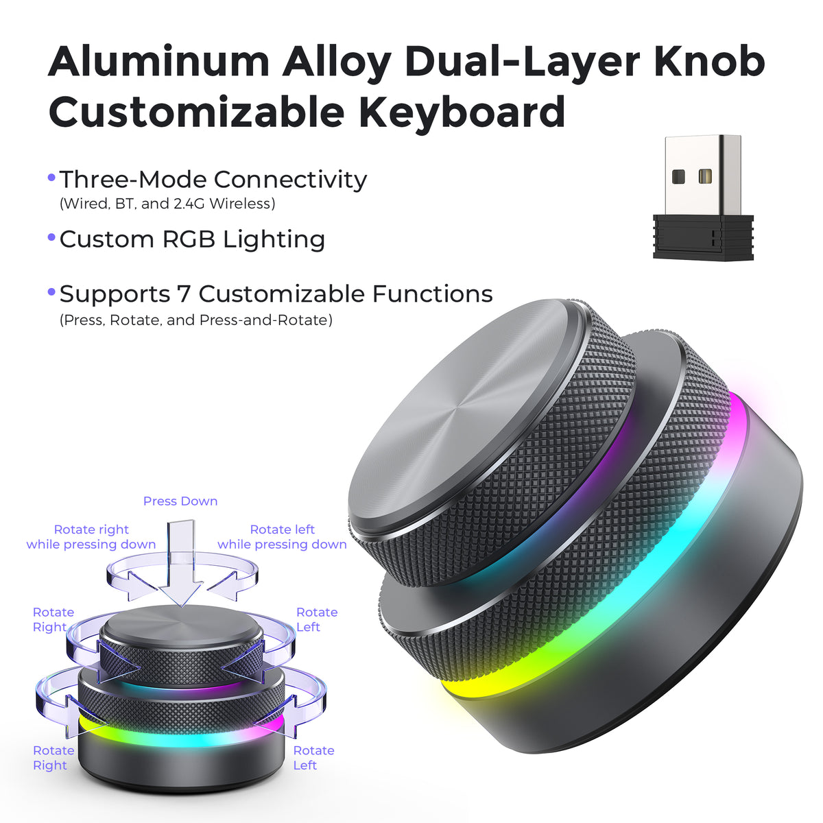 Gunmetal dual-layer programmable RGB knob keyboard