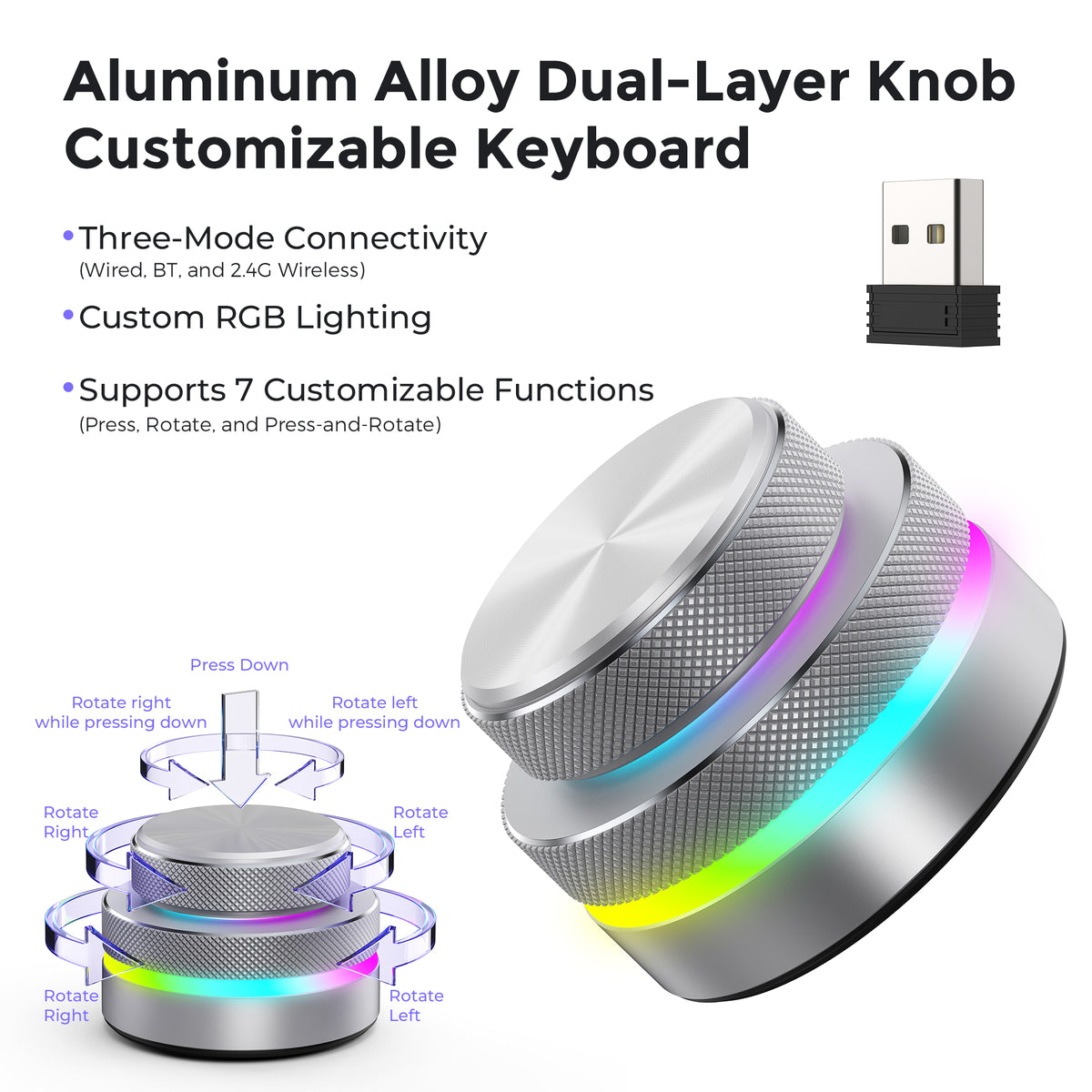 Silver dual-layer programmable RGB knob keyboard