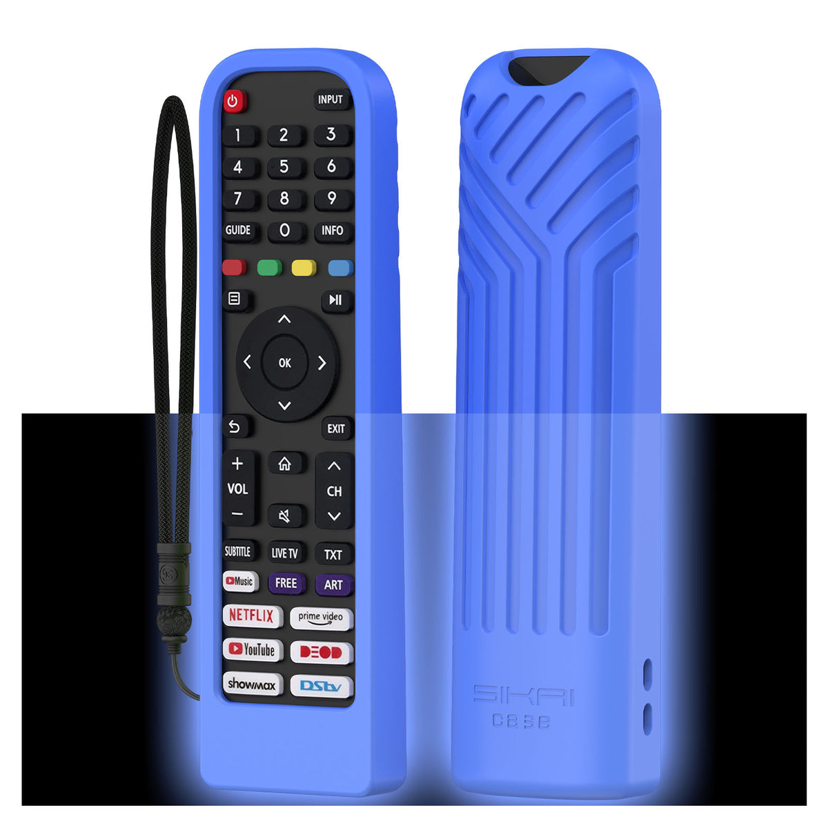 Blue glow SikaiCase silicone remote cover for Hisense EN2P30H compatible remote in dark conditions