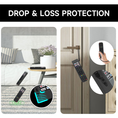 Hisense remote cover showing everyday drop protection and anti-lost wrist strap