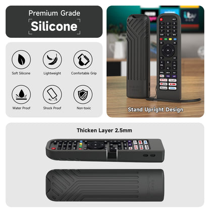 Black Hisense remote cover showing silicone grip upright design and 2.5 mm thickened case