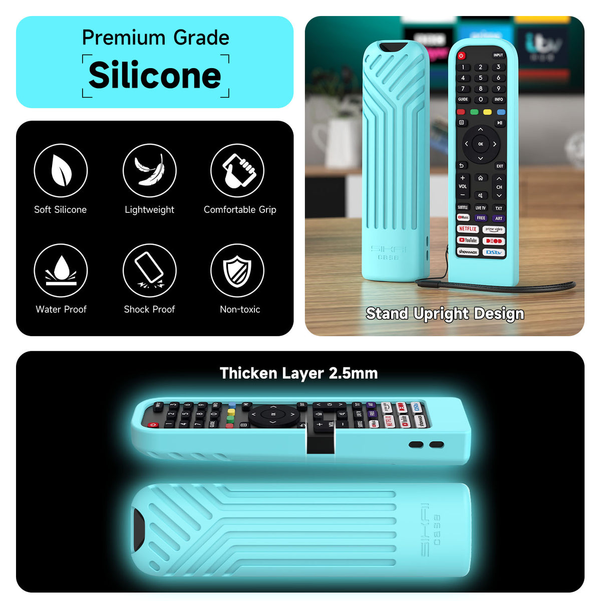 Turquoise blue Hisense remote cover showing silicone grip upright design and 2.5 mm thickened case
