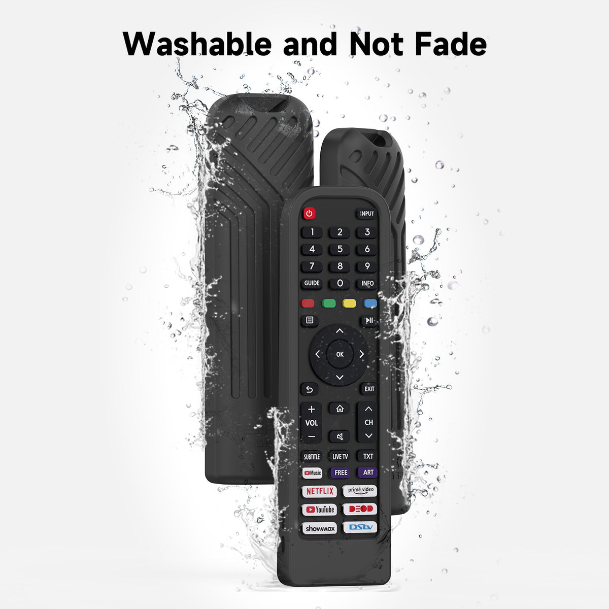 Black Hisense silicone remote cover shown as washable and easy to clean