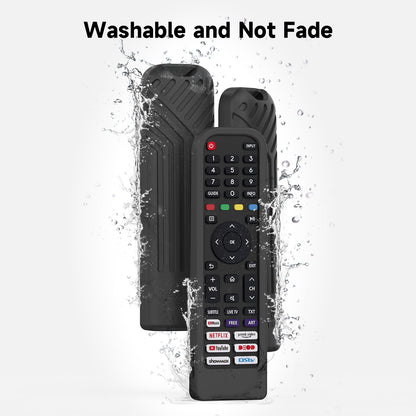 Black Hisense silicone remote cover shown as washable and easy to clean
