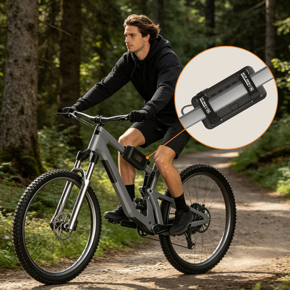 JBL BandBox Solo case attached to a bicycle frame with reusable straps