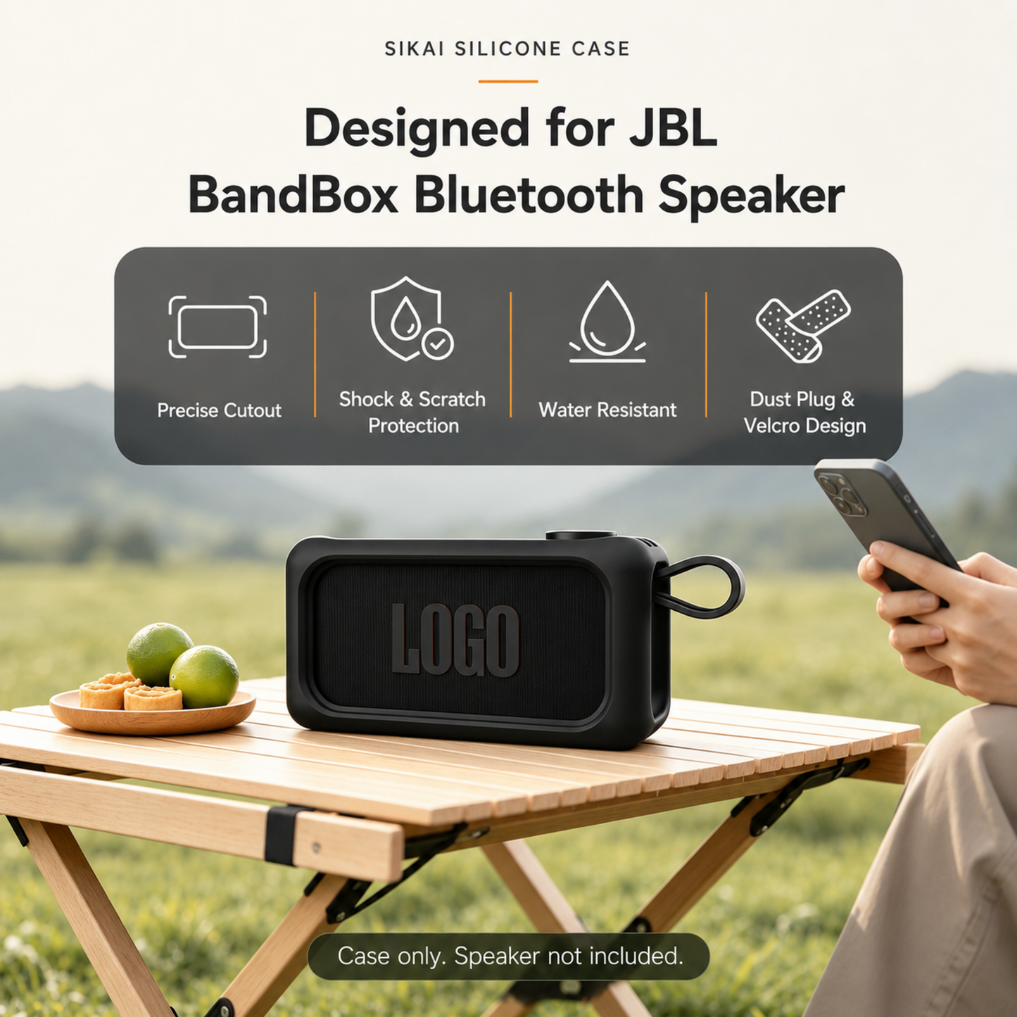 JBL BandBox Solo portable speaker case on an outdoor table