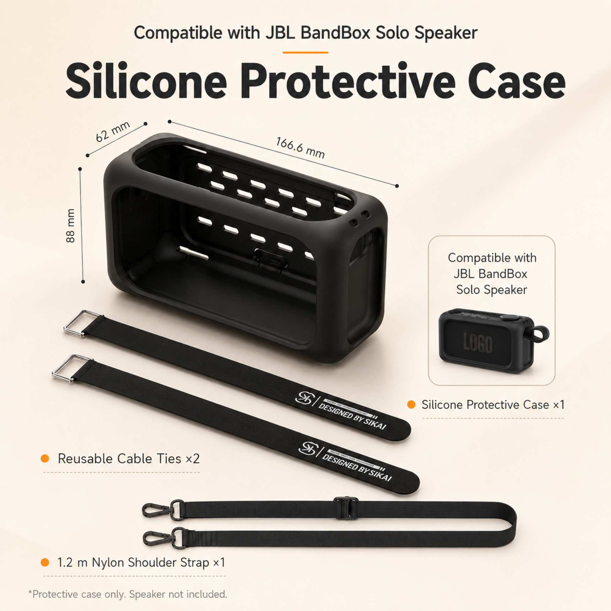 Black silicone protective case and included straps for JBL BandBox Solo