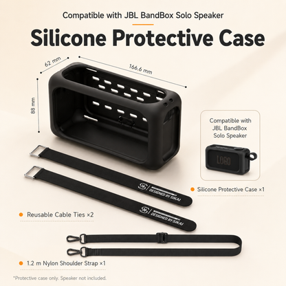 Black silicone protective case and included straps for JBL BandBox Solo