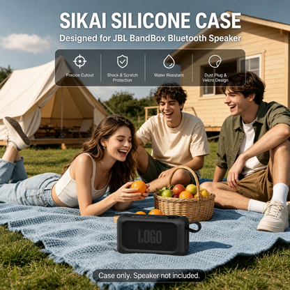 Black protective cover for JBL BandBox Solo in a picnic setting