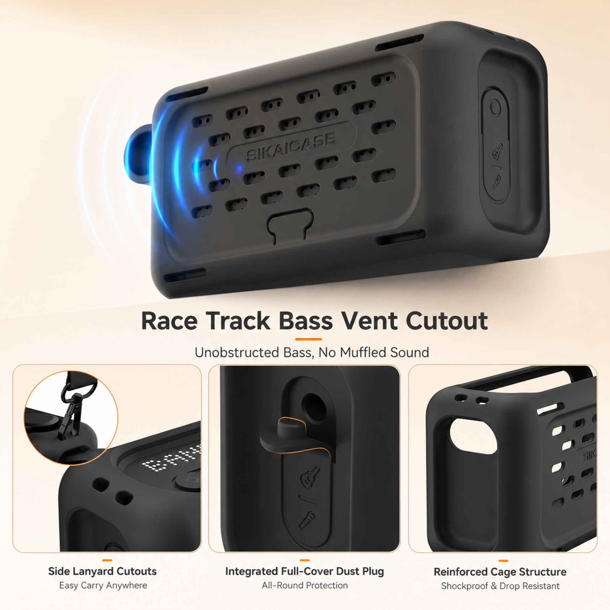 Vent openings dust plug and strap cutouts on JBL BandBox Solo case