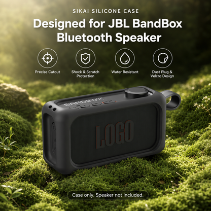 JBL BandBox Solo silicone case in black shown with the speaker outdoors