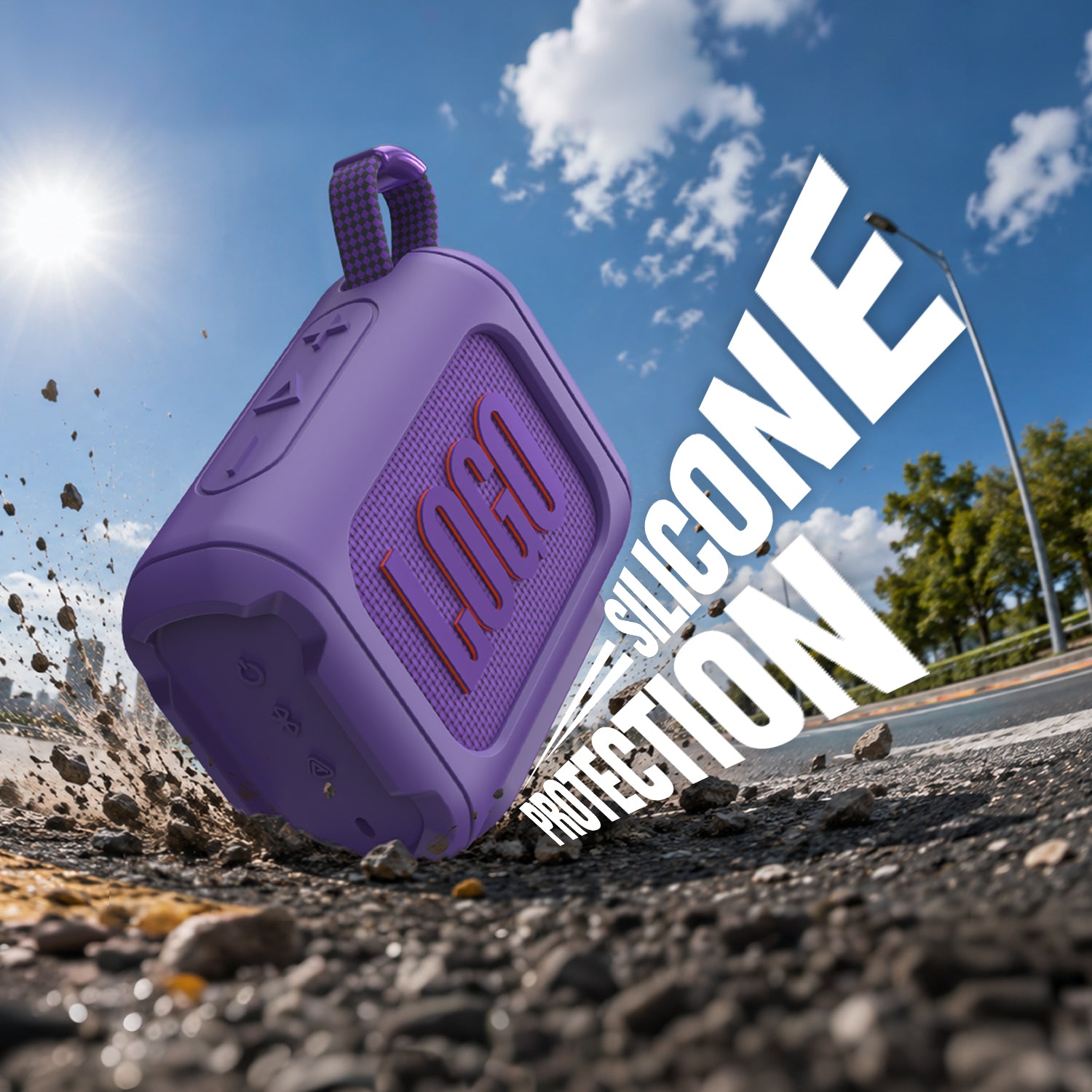 Purple JBL Go 4 silicone cover in an outdoor splash scene