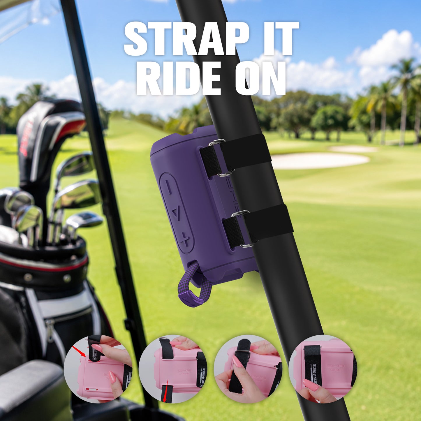 Purple JBL Go 4 case secured to outdoor gear with rear straps