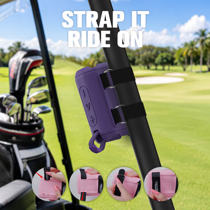 Purple JBL Go 4 case secured to outdoor gear with rear straps