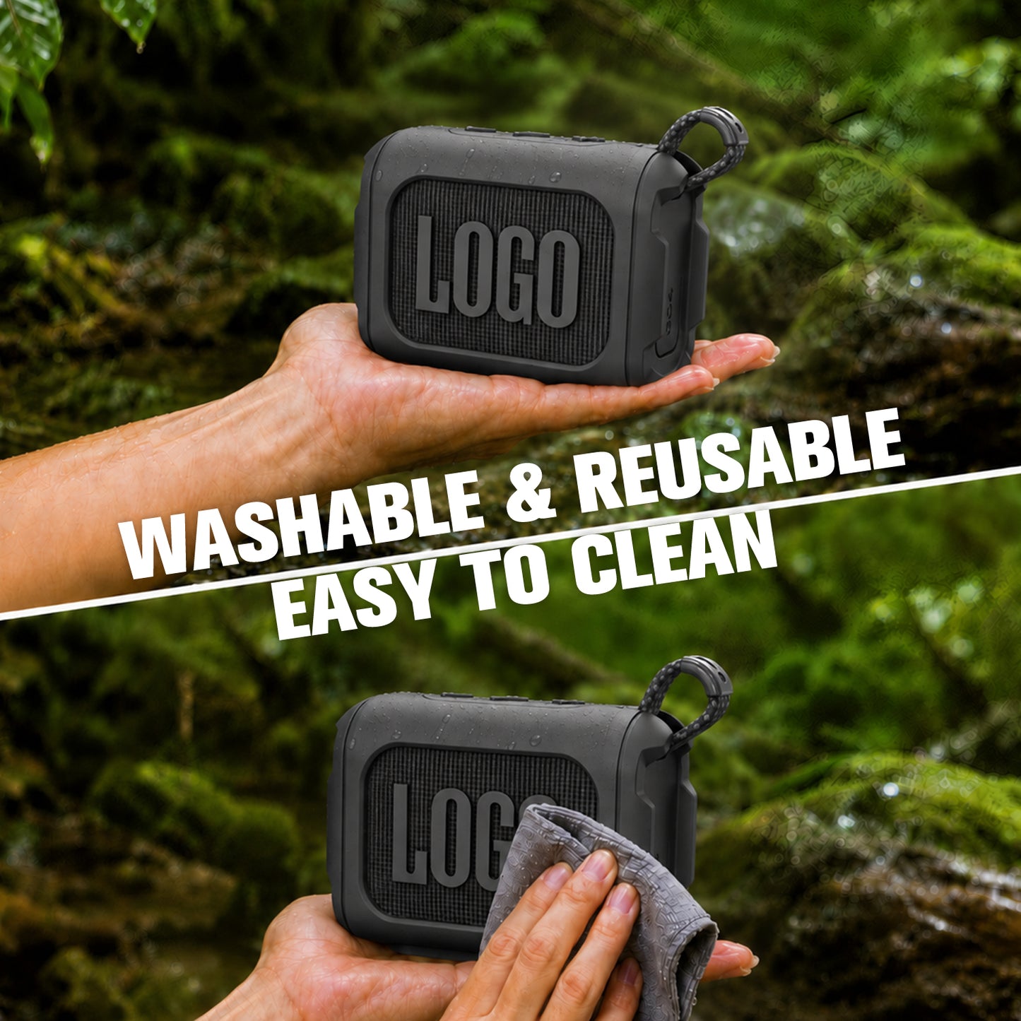 Washable black JBL Go 4 silicone case being wiped clean