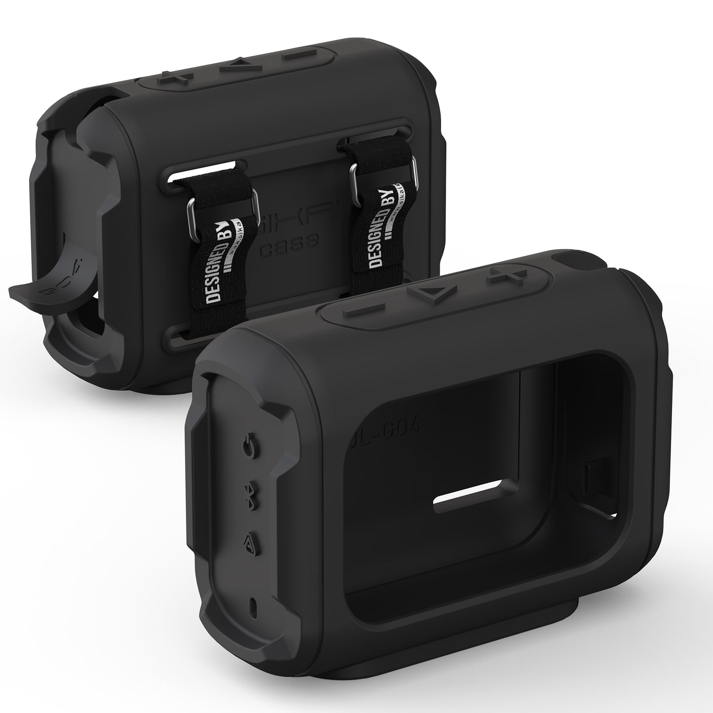 Black JBL Go 4 silicone case showing front opening and rear carry straps