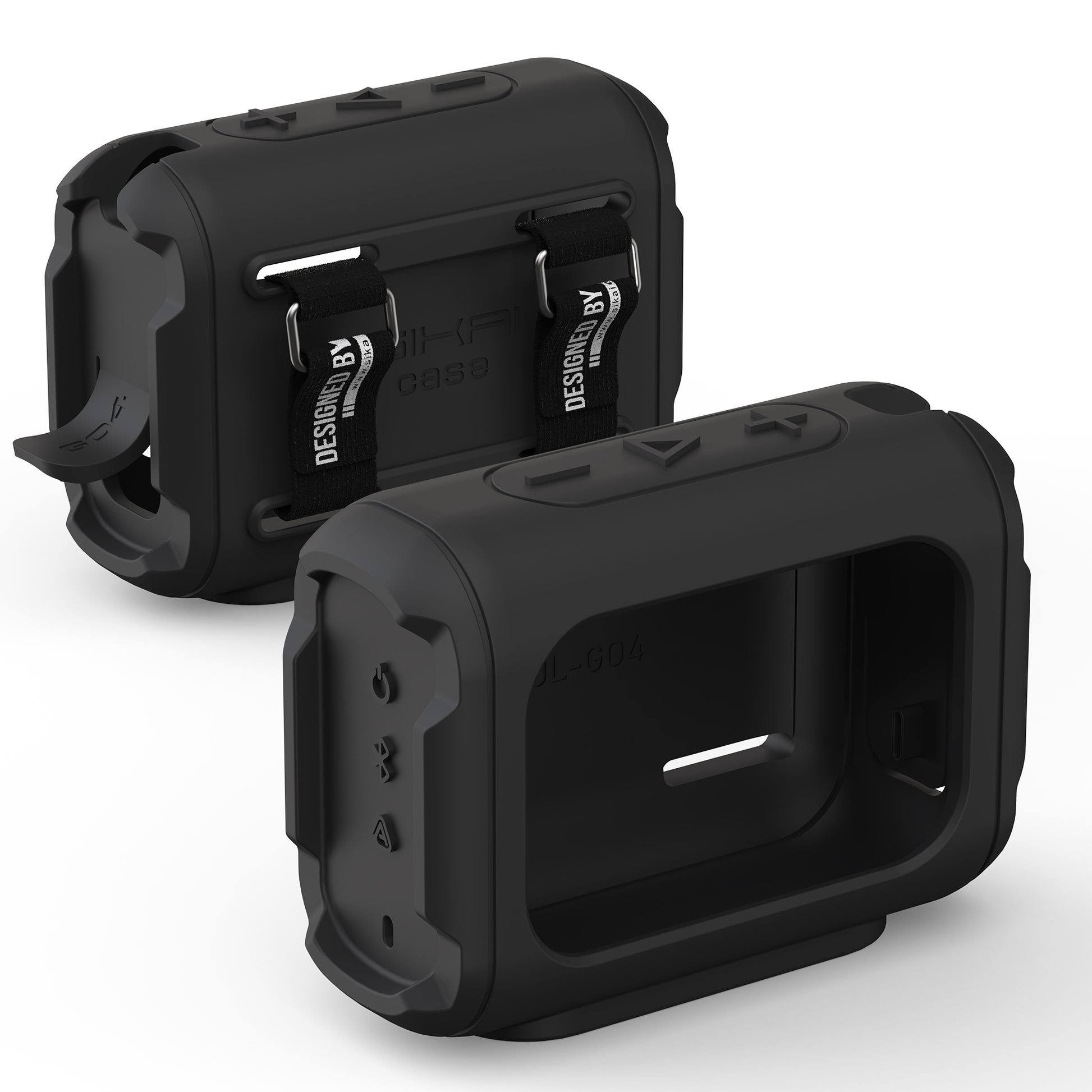 Black JBL Go 4 silicone case showing front opening and rear carry straps