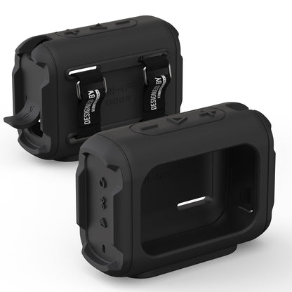 Black JBL Go 4 silicone case showing front opening and rear carry straps