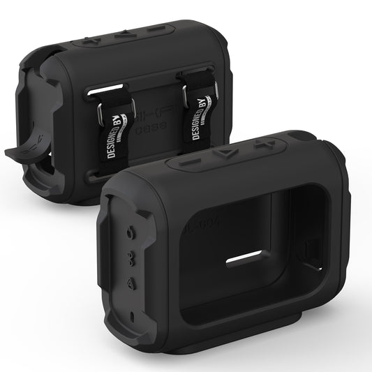 Black JBL Go 4 silicone case showing front opening and rear carry straps