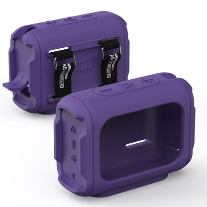 Purple JBL Go 4 silicone case showing USB-C access and rear carry straps