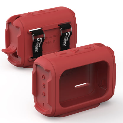 Red JBL Go 4 silicone case showing precise openings and rear carry straps