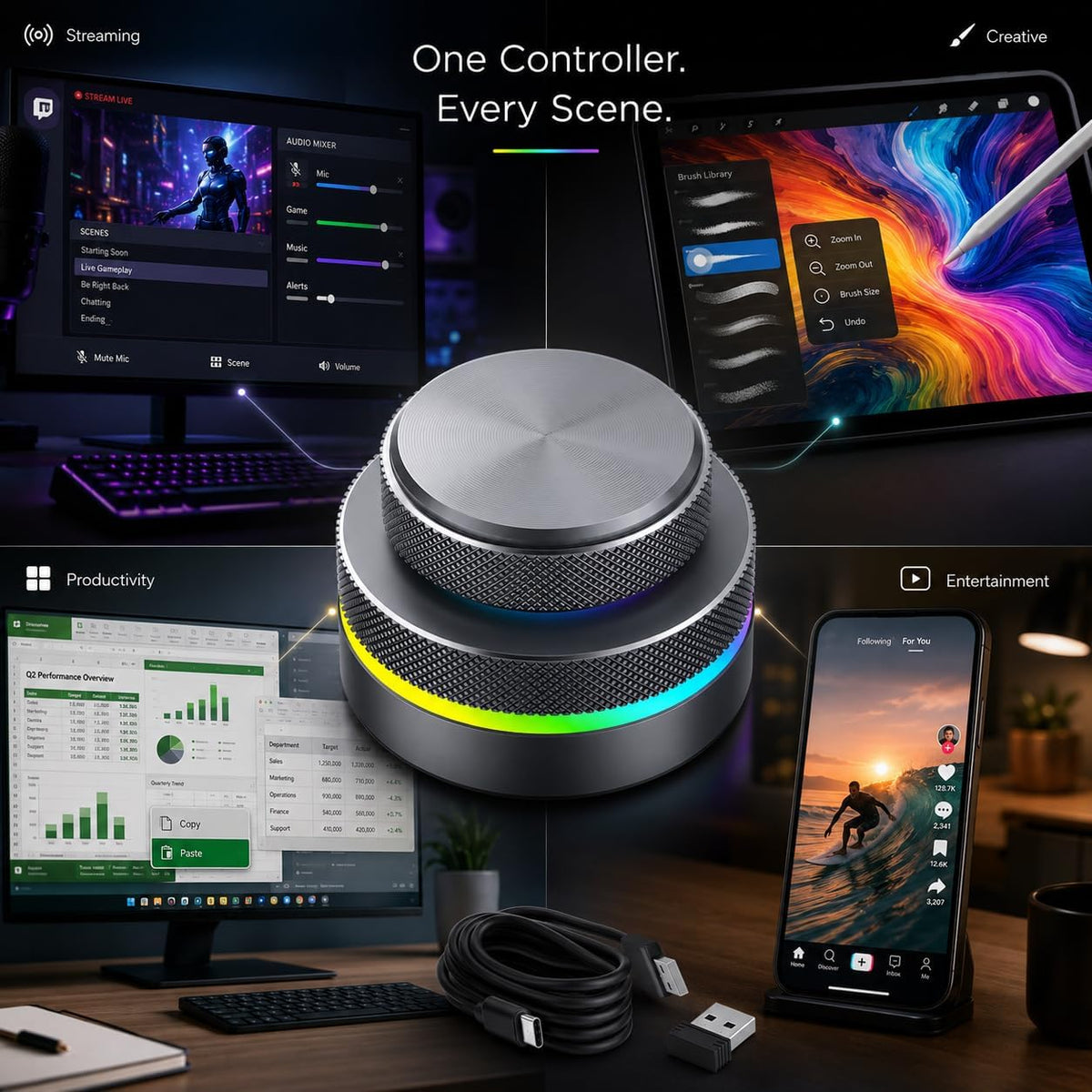 Compact programmable knob keyboard on desktop