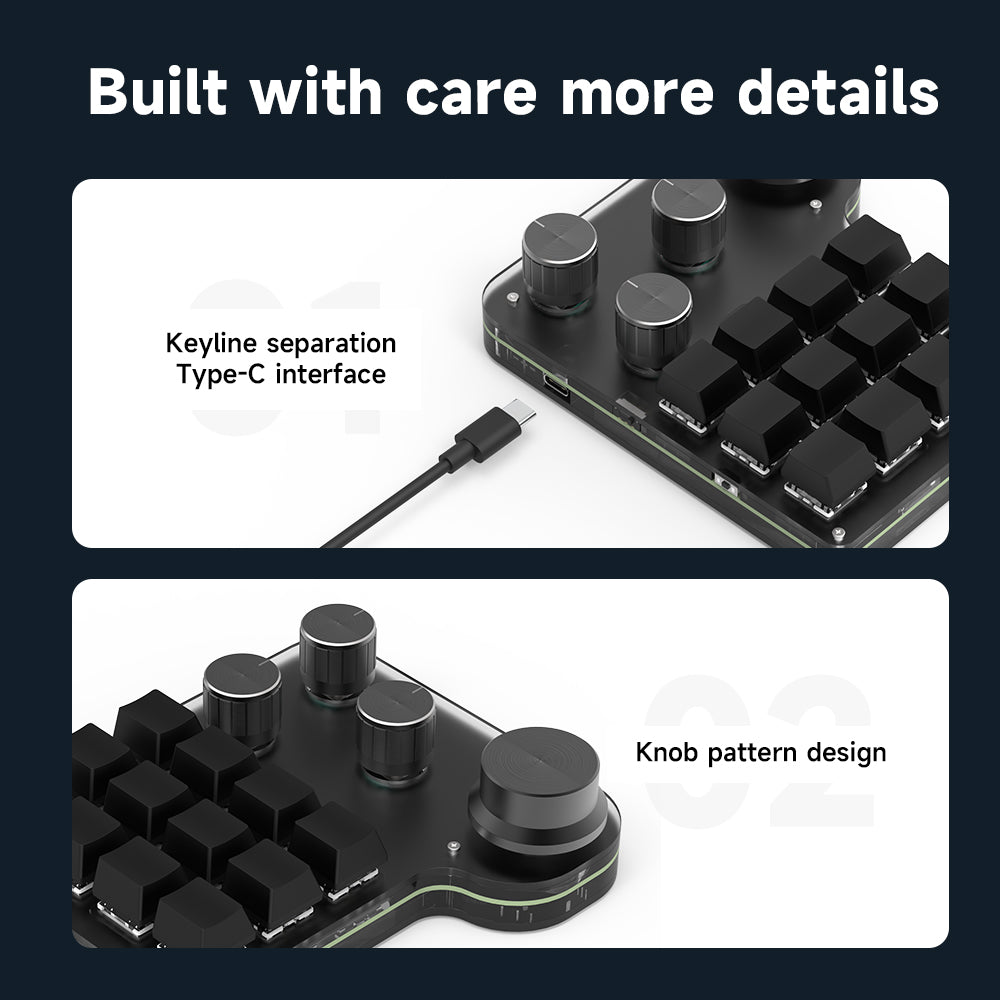 USB-C port and four-knob control layout on 12-key mini keyboard