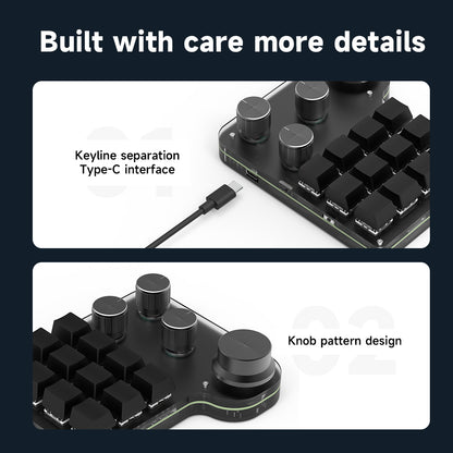 USB-C port and four-knob control layout on 12-key mini keyboard